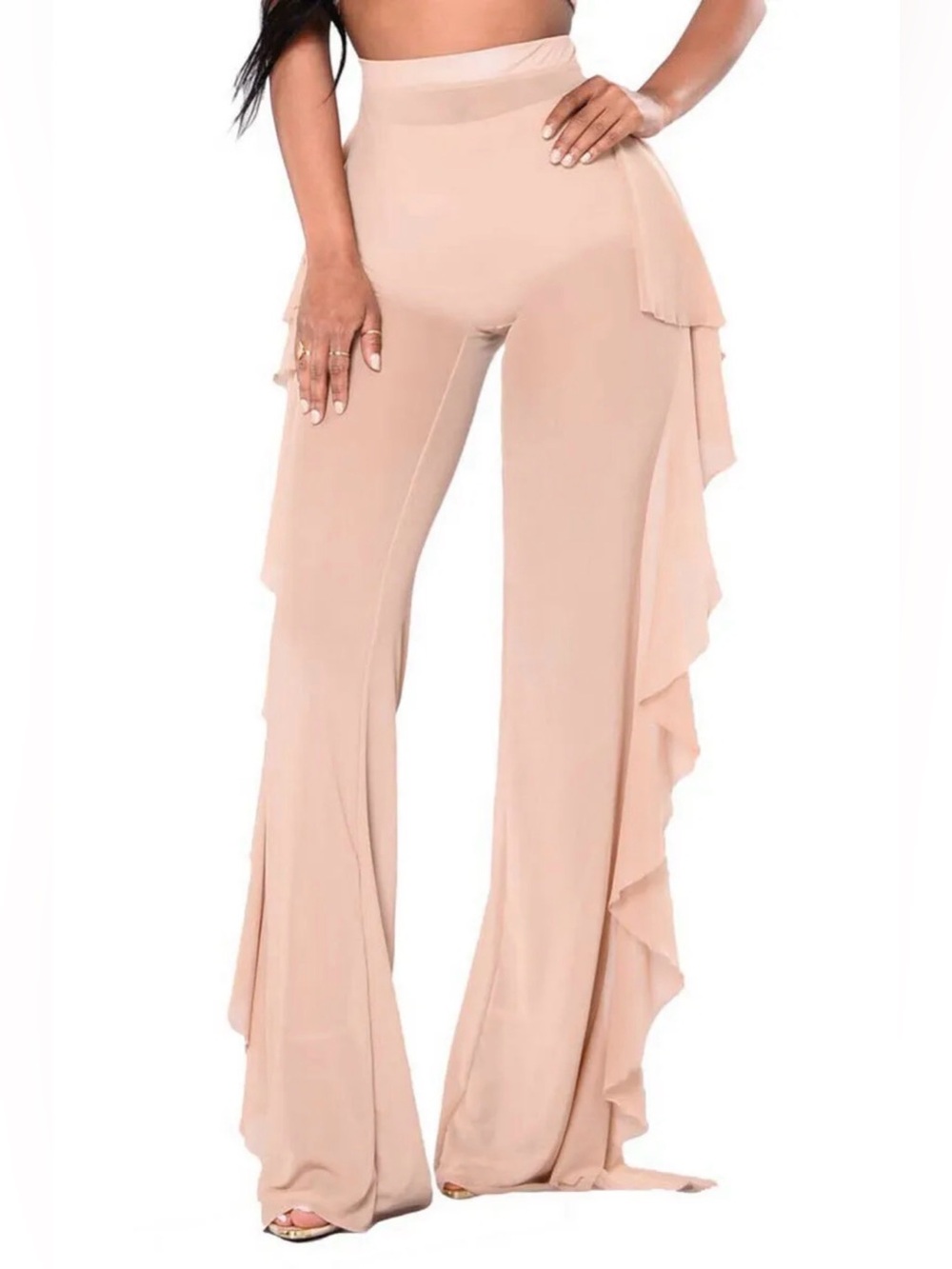 Nude Ruffle Swim Coverup Pants - Elegant Beach Layered Palazzo